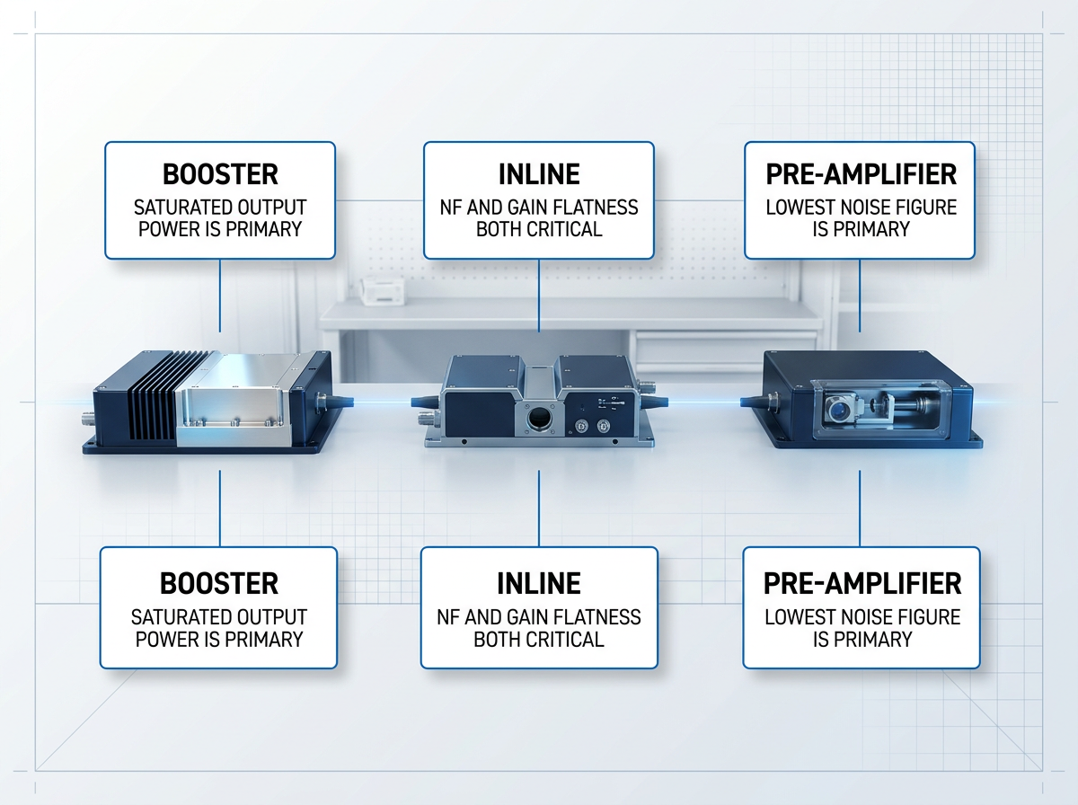 Three EDFA amplifier stages arranged left to right: Booster with high-power output stage, Inline with dual-stage mid-access architecture, Pre-Amplifier with low-noise front-end optics. Each stage labeled with its primary specification priority.