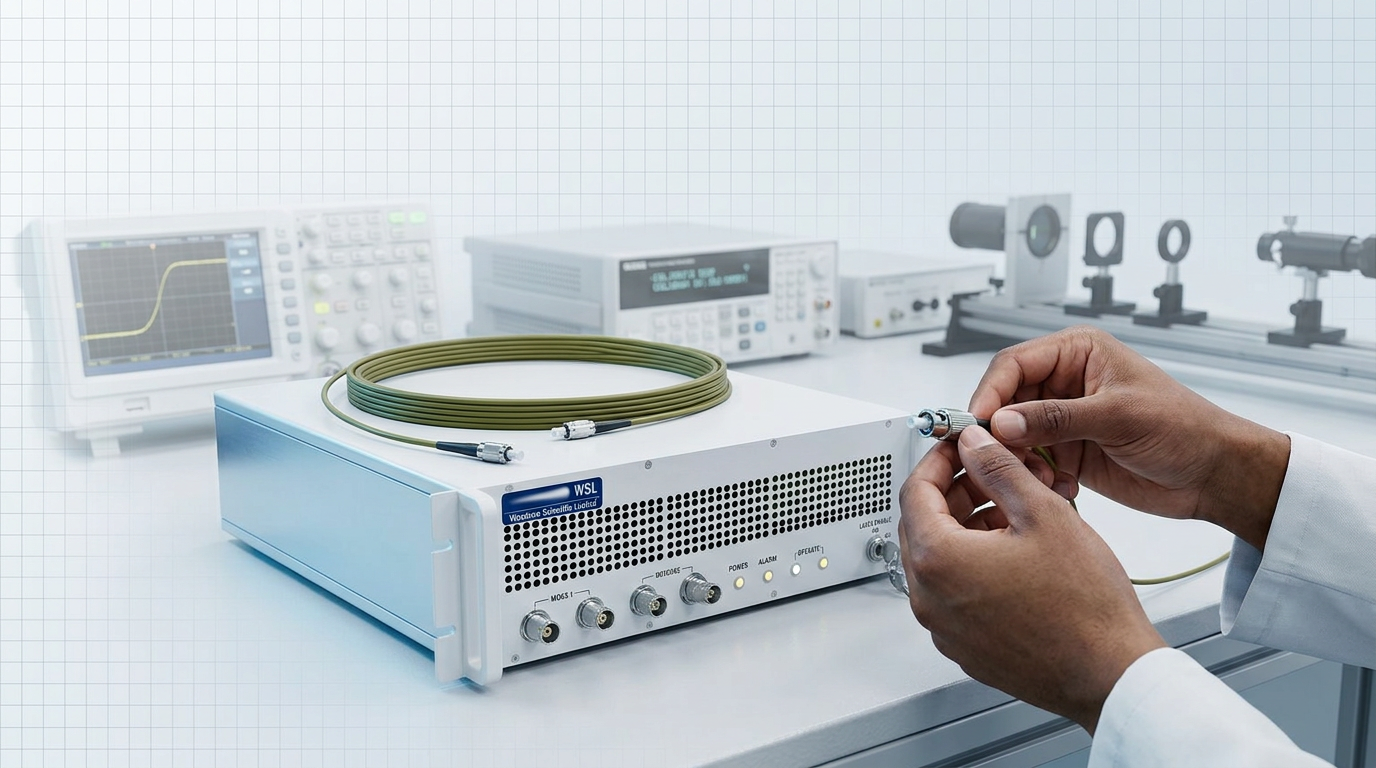 Precision fibre optic connectors and EDFA amplifier module on engineering workbench with engineer's hands inspecting connectors, technical equipment visible in background
