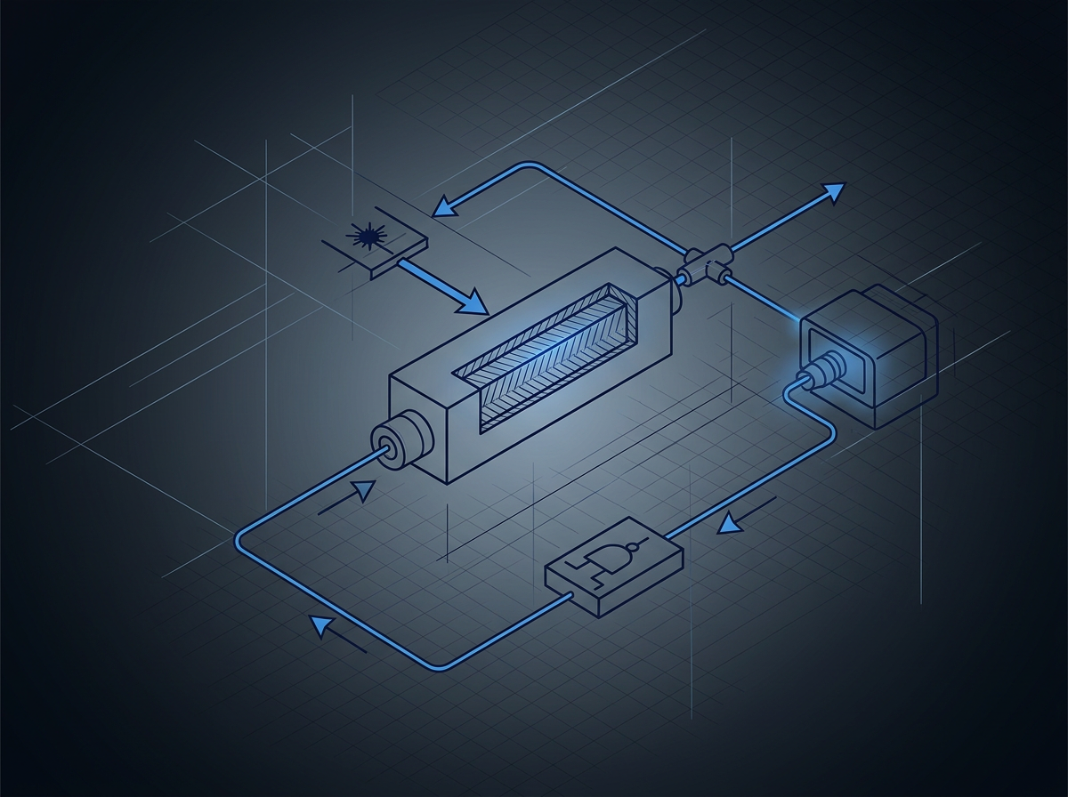 Technical schematic of EDFA constant gain control loop showing input signal flowing through erbium-doped fibre gain block fed by pump laser, with output monitor providing feedback to control circuit that adjusts pump laser drive, completing closed-loop architecture.