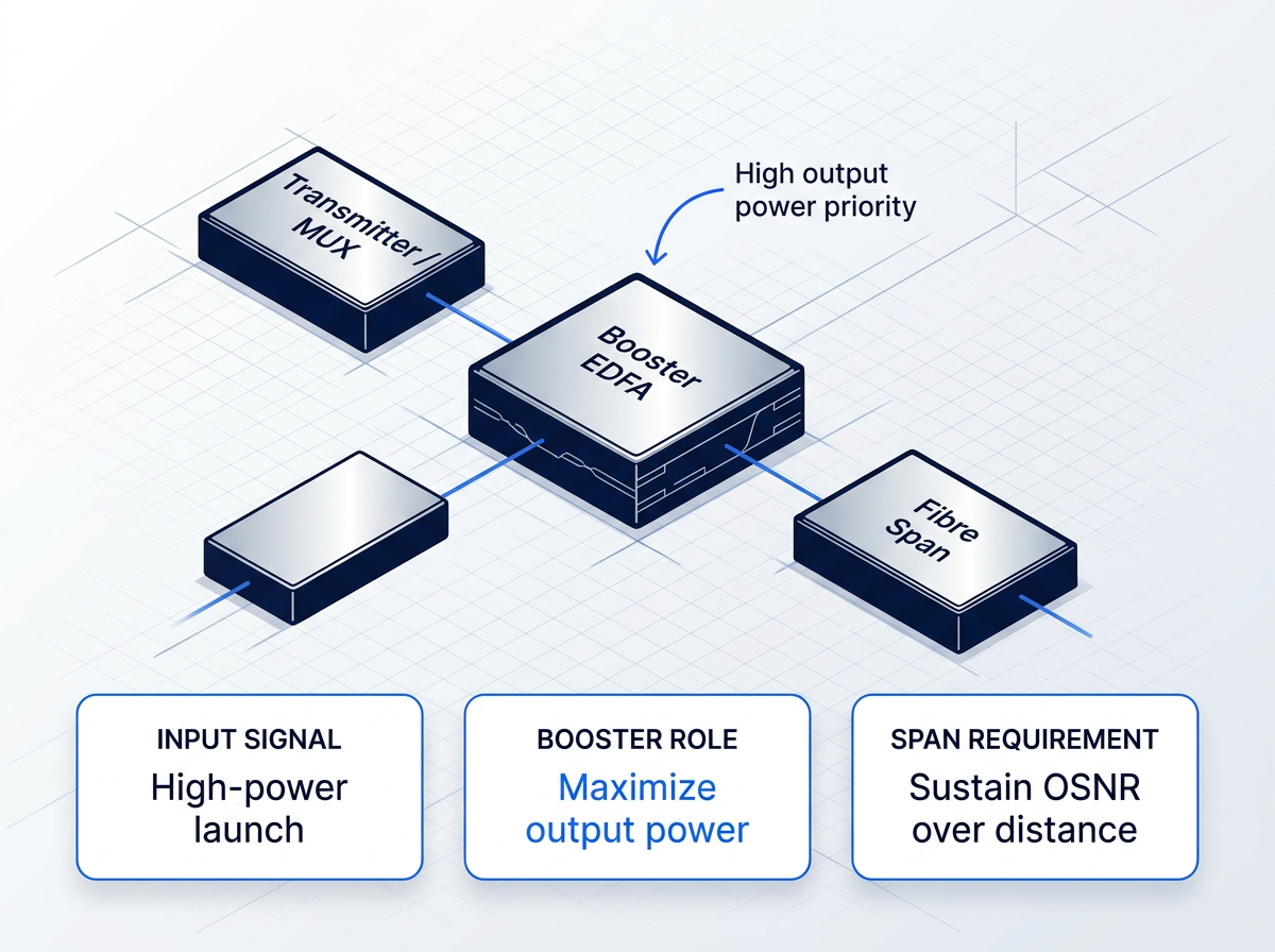 DWDM fibre link schematic showing signal flow from Transmitter/MUX through Booster EDFA to Fibre Span, with annotation indicating high output power priority at the amplifier stage.
