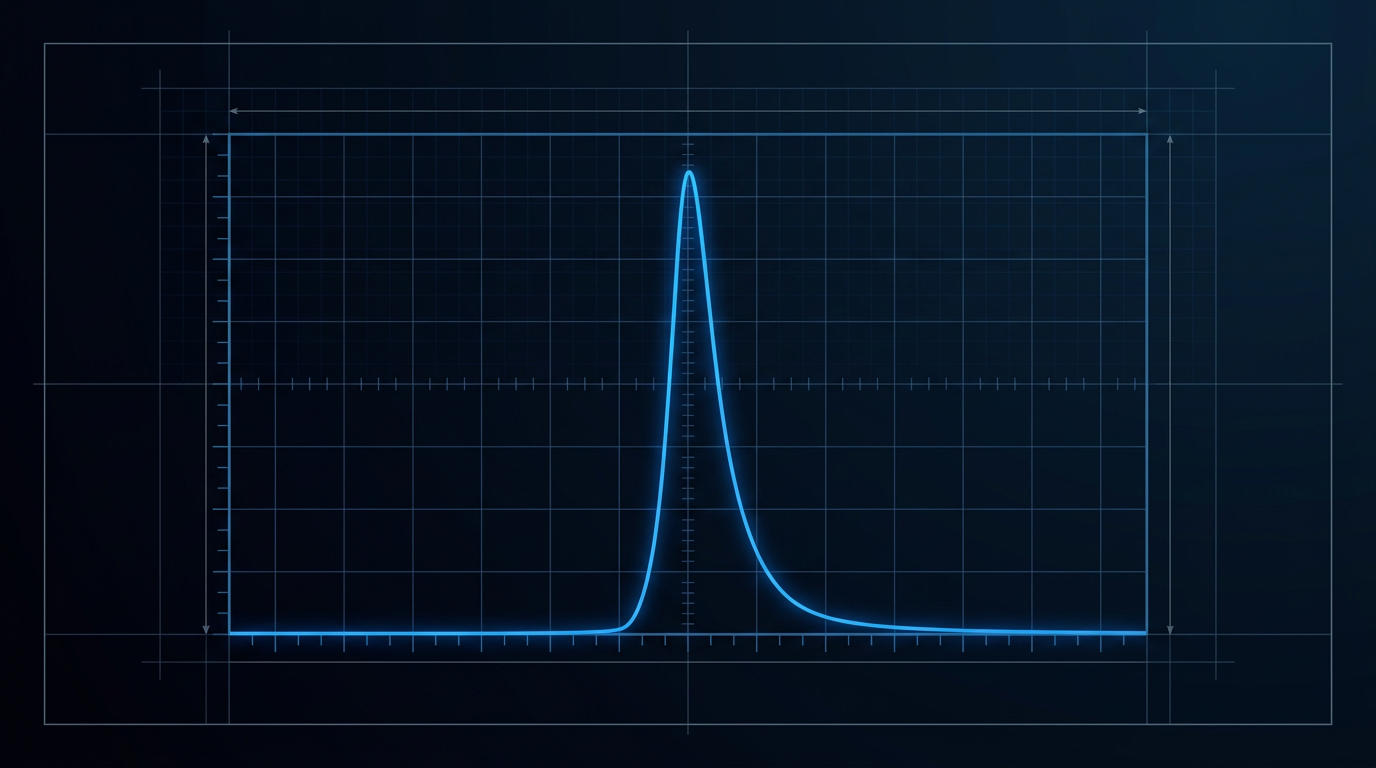 Technical line chart on dark background displaying a single high-amplitude pulse spike in electric blue, with faint grid and axis lines representing configurable pulse energy and peak power parameters.