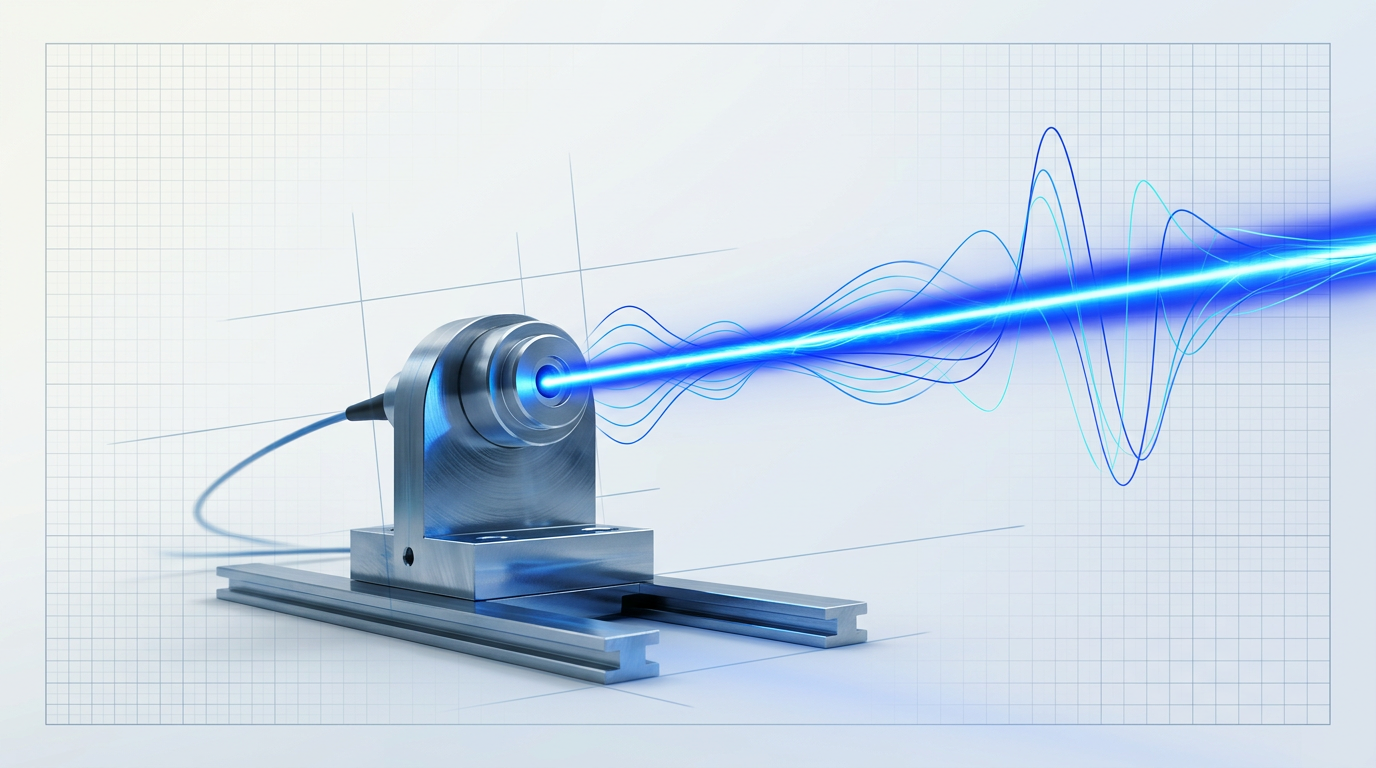 High-power fibre laser aperture assembly emitting brilliant electric blue beam with abstract energy waveforms on precision optical bench in bright laboratory environment.