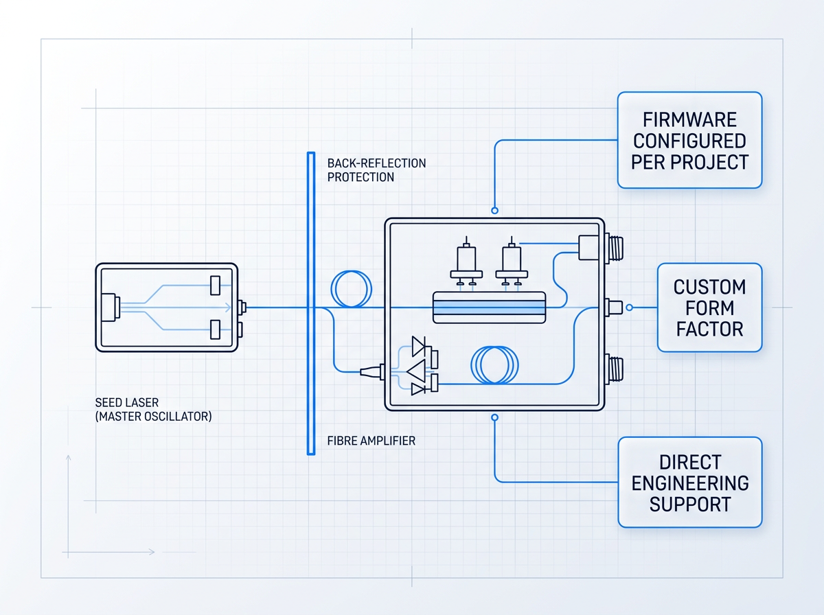 MOPA signal chain schematic showing seed laser module on left, isolation barrier in center labeled back-reflection protection, and fibre amplifier module on right with three annotated callouts for firmware configuration, custom form factor, and engineering support.