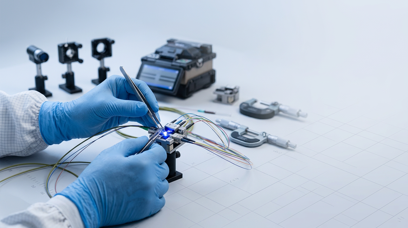 Technician's gloved hands assembling fiber-optic component on optical bench with precision tools and calibrated instruments visible in soft-focus background.