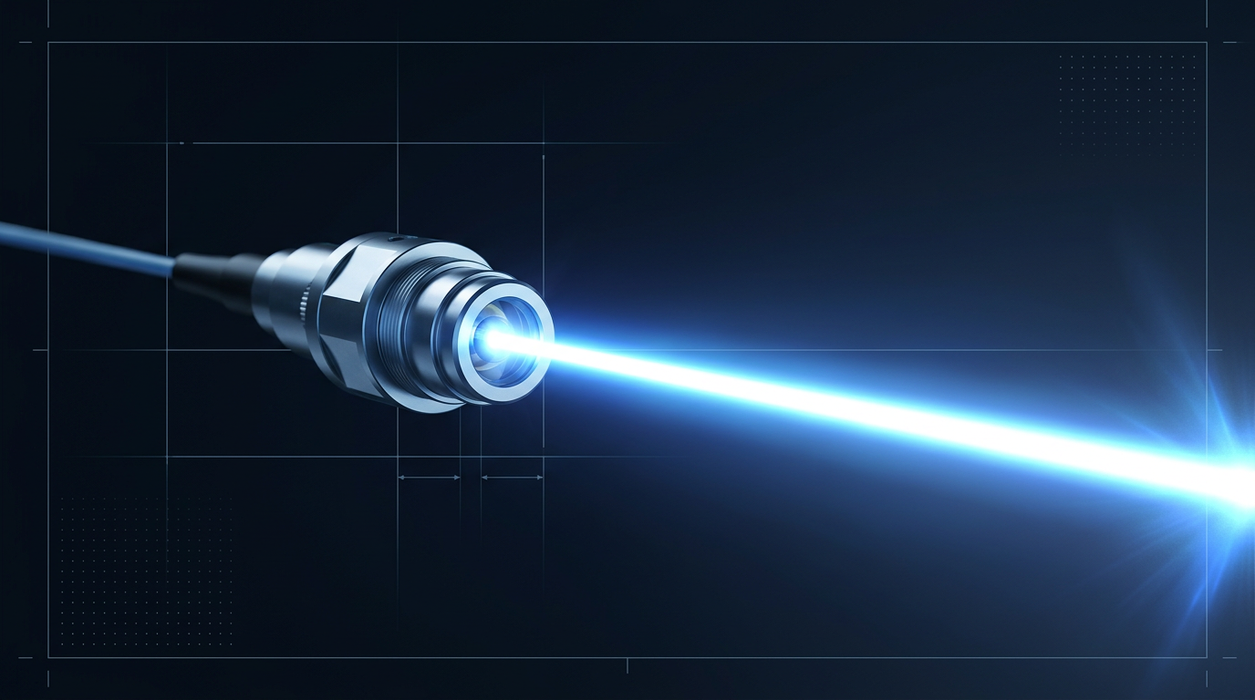 High-intensity laser beam with electric blue core and radiant intensity gradients emerging from a precision fiber collimator against a dark navy industrial workspace background.