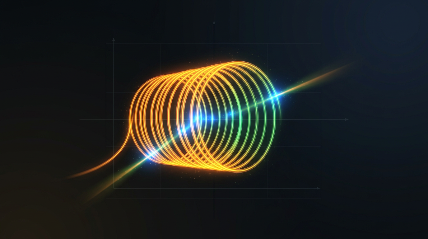 Coiled fiber-optic light trail glowing amber-to-green against deep black background, representing high-power EDFA propagation with electric blue interaction points.