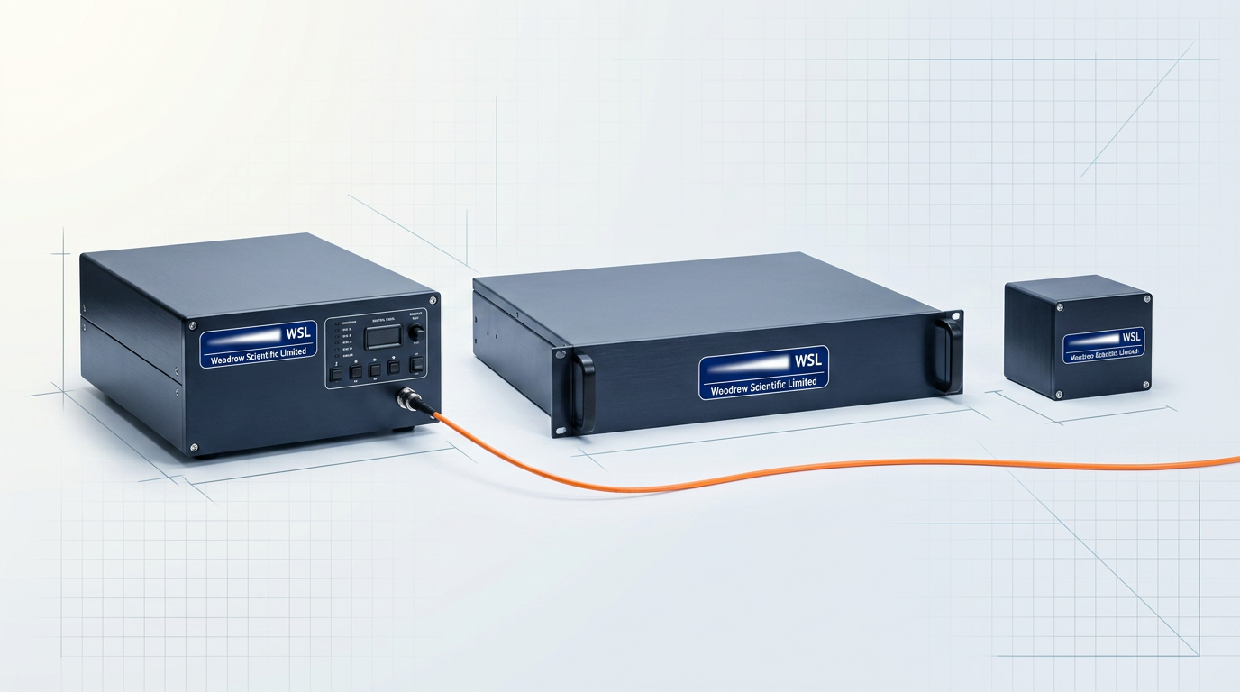 Three EDFA enclosure form factors arranged side by side: benchtop unit, rack-mount chassis, and compact OEM module, with orange fibre delivery cable extending from the left unit across the composition.