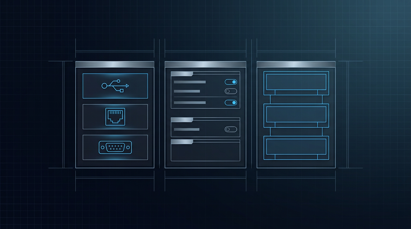 Dark technical interface showing three vertical sections: communication protocol selection panel with USB, Ethernet, and serial icons on the left; central firmware configuration panel with toggle switches and parameter readouts; system integration stack with layered protocol blocks on the right, all rendered in electric blue outlines on navy background.