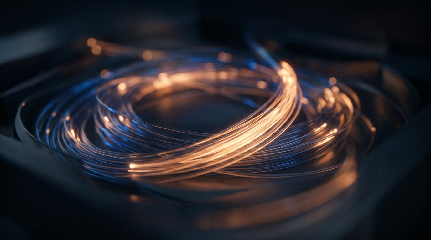 Softly blurred close-up of glowing optical fibres with warm amber and deep blue tones in a dark industrial setting, suggesting active light transmission in an EDFA system.