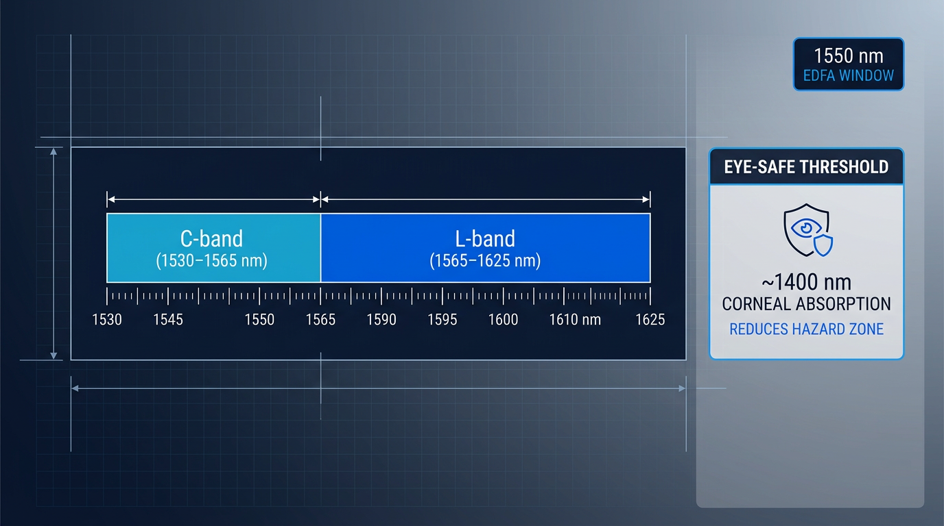 Optical spectrum diagram showing 1530–1625 nm wavelength window with C-band (cyan-blue, 1530–1565 nm) and L-band (electric blue, 1565–1625 nm) regions. Right-side annotation panel indicates ~1400 nm corneal absorption threshold with shield icon and eye-safety label, reinforcing reduced hazard zone for 1550 nm EDFA technology.