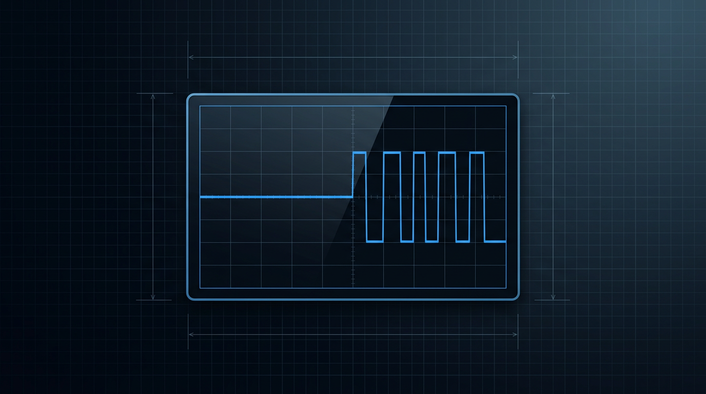 Oscilloscope display showing continuous wave line on left and sharp rectangular pulse shapes on right, rendered in electric blue against dark technical grid background.