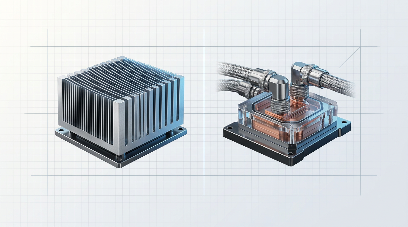 Split-view thermal management comparison: air-cooled aluminum heatsink with vertical fins on left, water-cooling block with copper internals and braided tubing on right, both rendered with precision engineering detail against light technical background.
