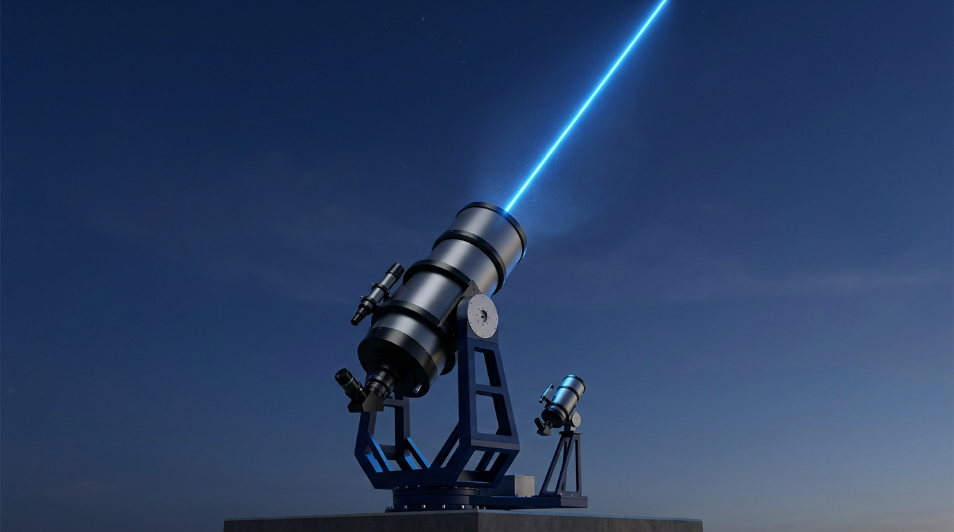 Ground-based optical telescope on tracking mount oriented skyward, emitting bright electric blue laser beam into deep blue twilight sky, demonstrating free-space optical communications uplink capability.