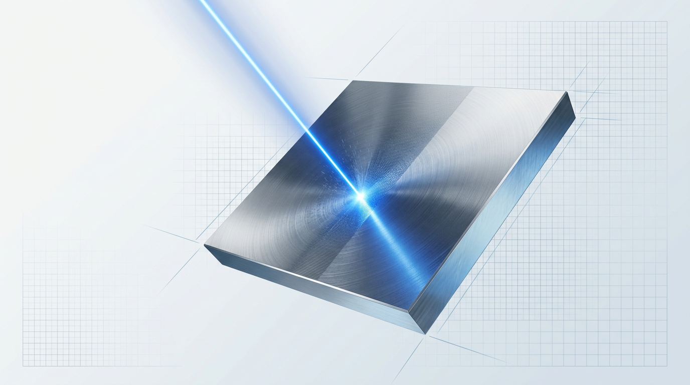 Polished metal surface impacted by electric blue laser beam at 45-degree angle, showing ablation texturing and particle spray at the contact point, with stark contrast between treated and untreated areas.