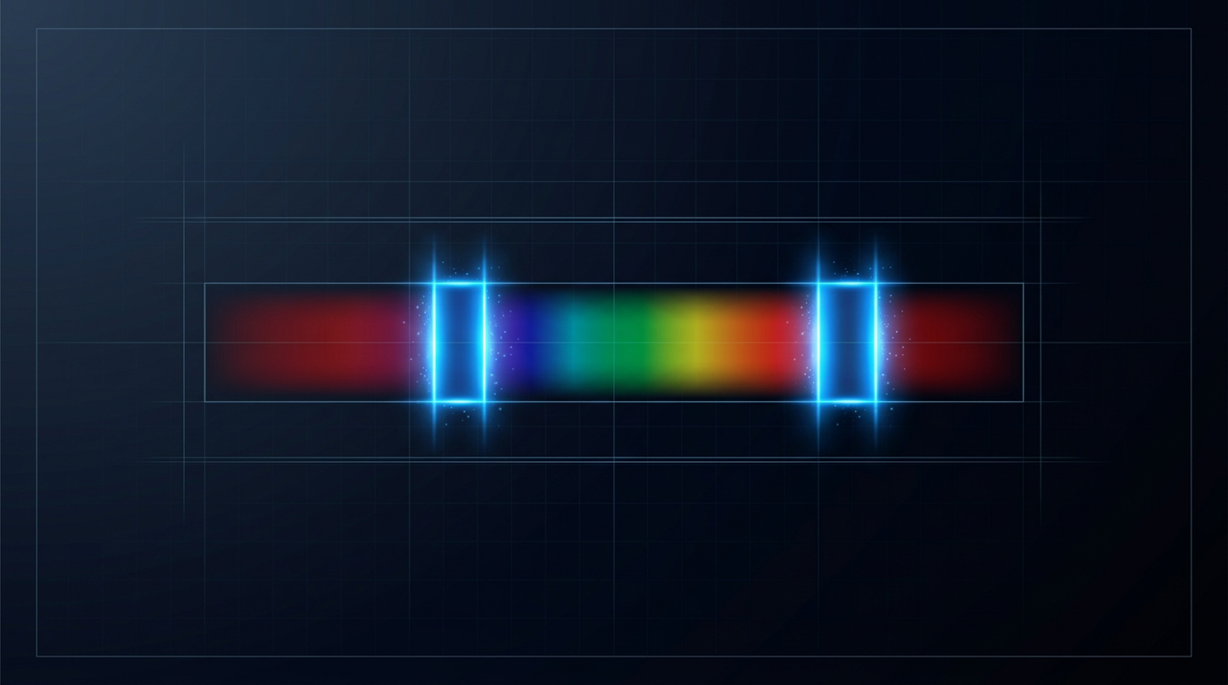 Optical spectrum display with two highlighted wavelength bands glowing in electric blue against a dark technical background, representing selectable C-band and L-band regions for EDFA operation.