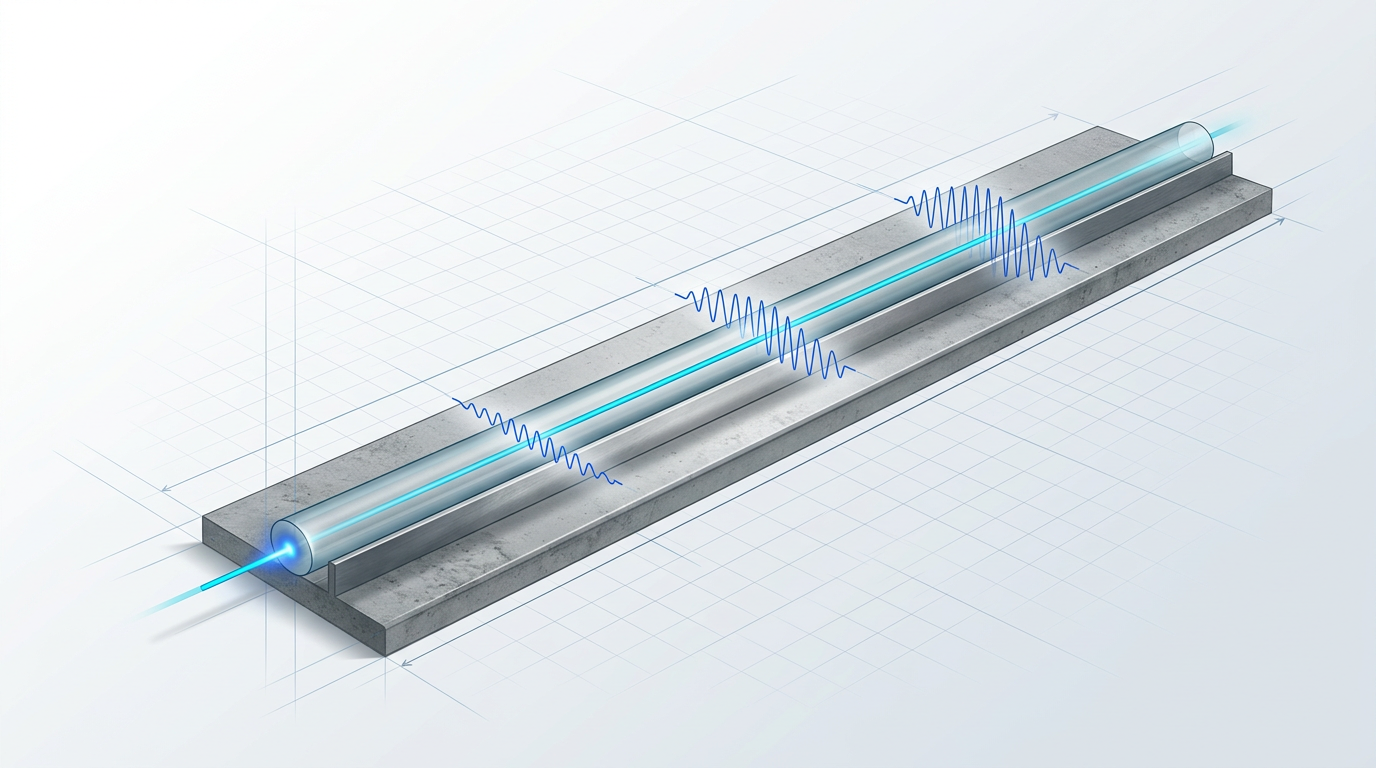 Stylized optical fibre cross-section running diagonally across terrain with acoustic waveform annotations at three points along the span, indicating distributed sensing at 1550 nm interrogation wavelength.