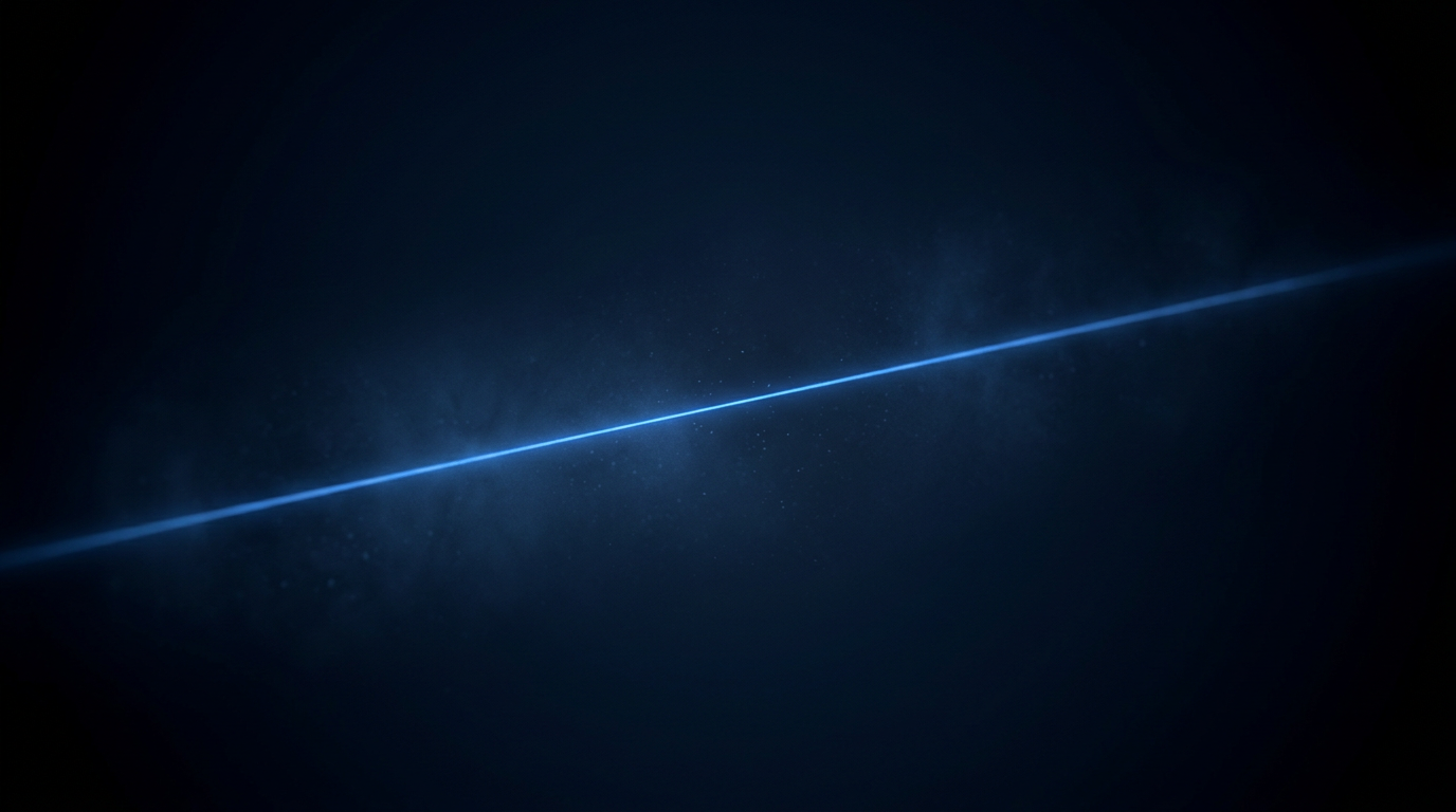 Dark atmospheric scene of electric blue laser beam propagating through optical fibre with soft glow and particle scattering effects against deep navy background.