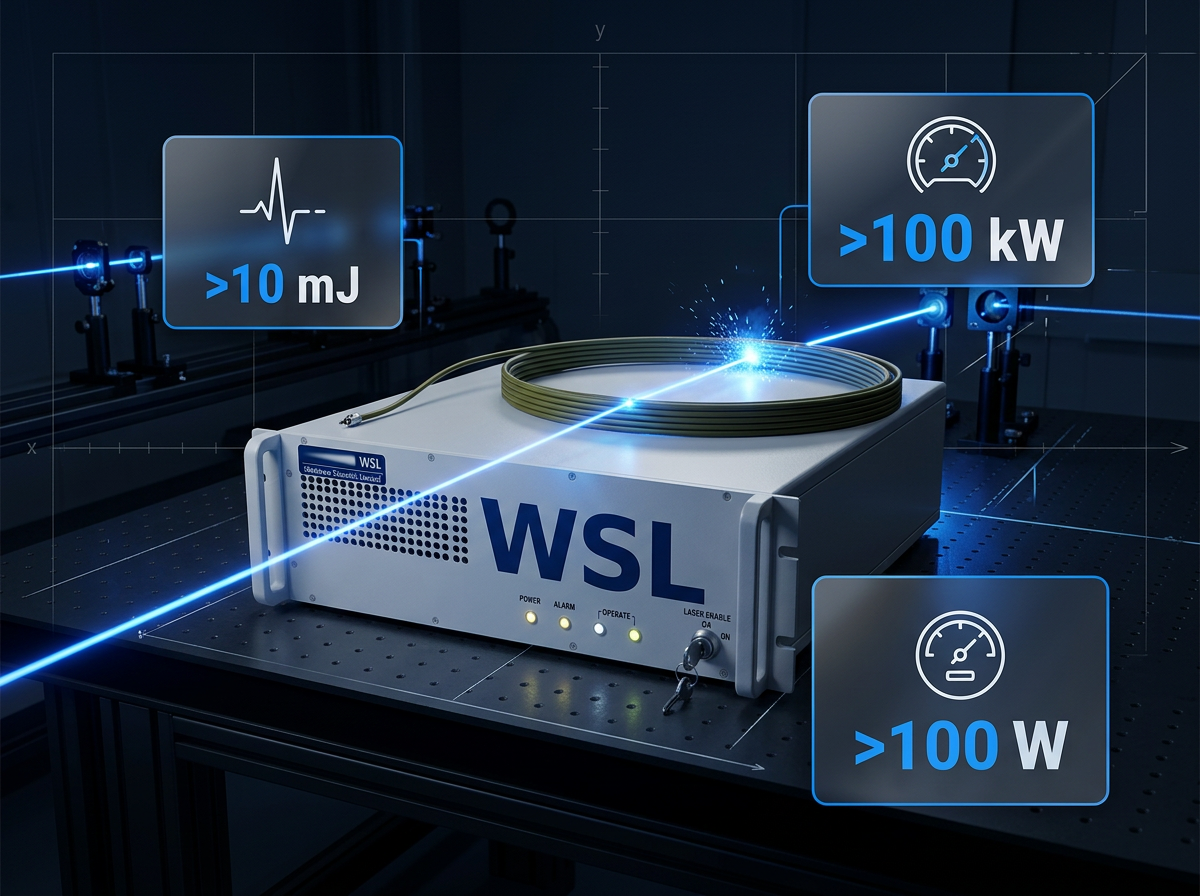 Woodrow Scientific erbium-doped fibre amplifier with internal fibre coil and blue laser beam, surrounded by three specification badges showing >10 mJ pulse energy, >100 kW peak power, and >100 W average power.