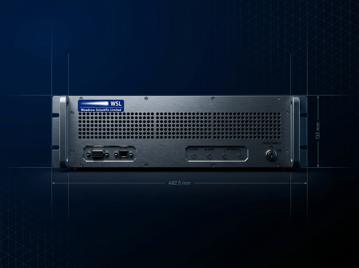 3U 19-inch rack-mounted EDFA unit with brushed metal front panel and WSL logo, centered against dark technical background with grid pattern.