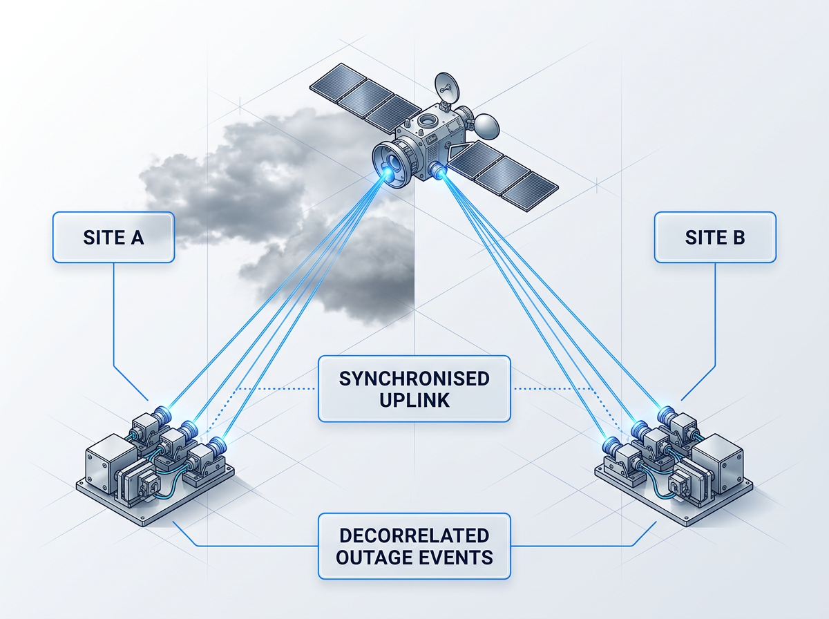 Isometric schematic of two ground stations with laser uplink arrays converging toward orbiting satellite; left station partially obscured by clouds, right station clear sky, demonstrating site diversity for optical communication.