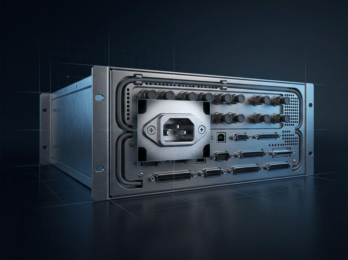 Rear panel of rack-mounted EDFA unit with IEC C14 power inlet, fiber optic ports, and control interface connectors centered against dark technical background.