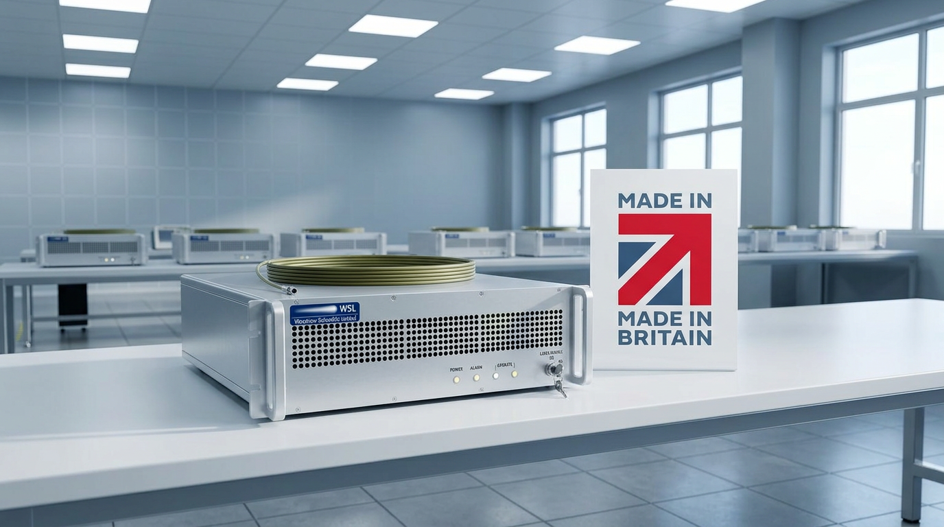 Modern UK manufacturing facility interior with a Woodrow Scientific EDFA unit on a work surface, Made in Britain signage visible, additional equipment racks in soft focus background.