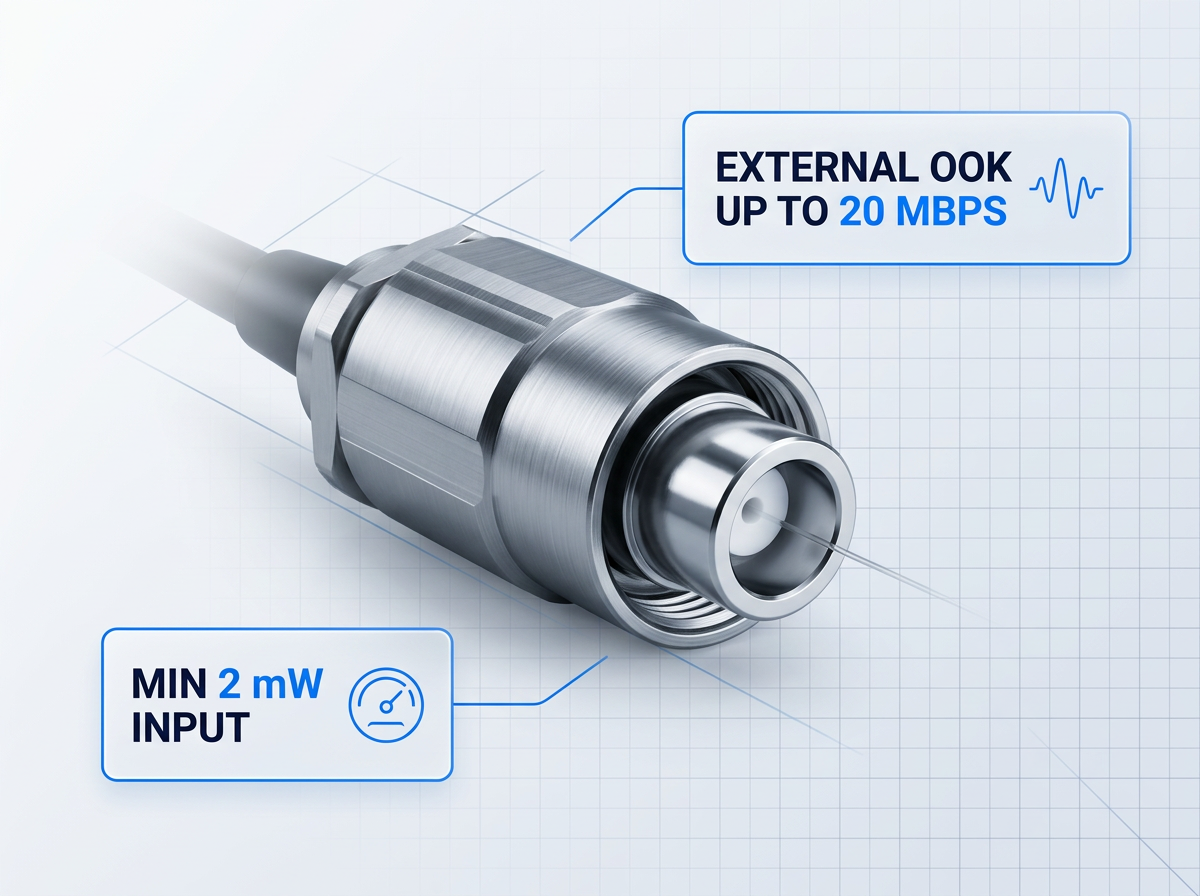 Close-up of FC/PC optical fiber connector with polished ferrule interface, flanked by two information badges displaying external OOK data rate specification and minimum input power requirement for EDFA satellite amplifier.