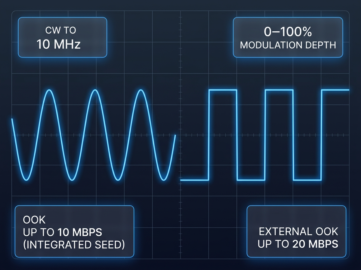 Two glowing waveform traces on dark background: sinusoidal curve and rectangular square wave in electric blue, with four parameter badges showing CW to 10 MHz, 0–100% modulation depth, OOK up to 10 Mbps integrated seed, and external OOK up to 20 Mbps.