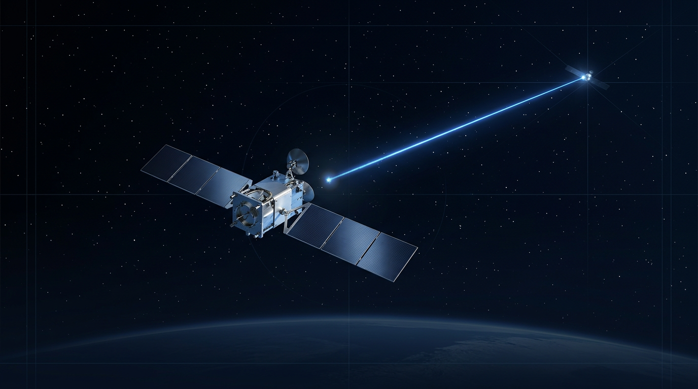Satellite in low Earth orbit with coherent laser beam connecting to distant node against star-filled deep space backdrop with faint Earth horizon.