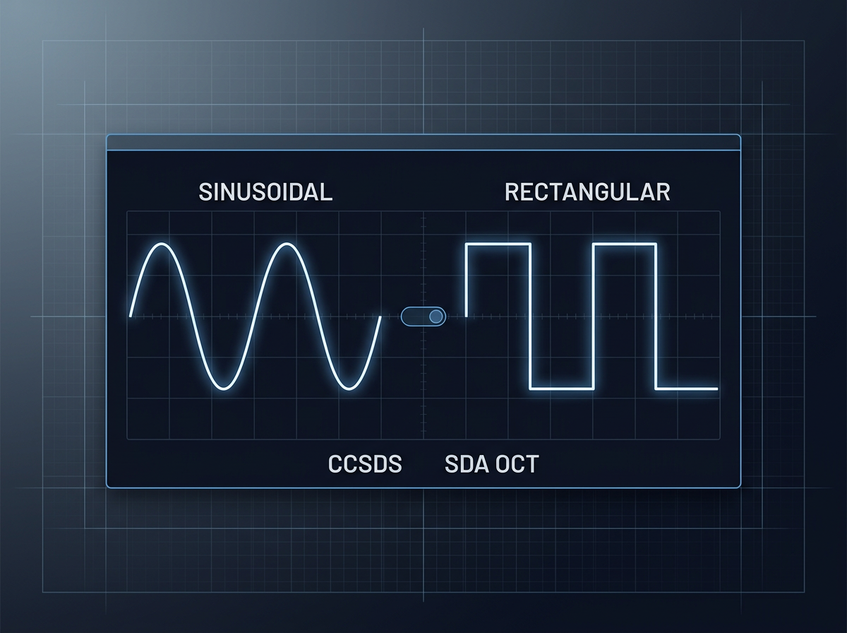 Oscilloscope-style display with two glowing waveforms on dark grid background: sinusoidal curve on left, square wave on right, labeled with standards CCSDS and SDA OCT, with software selection indicator between them.