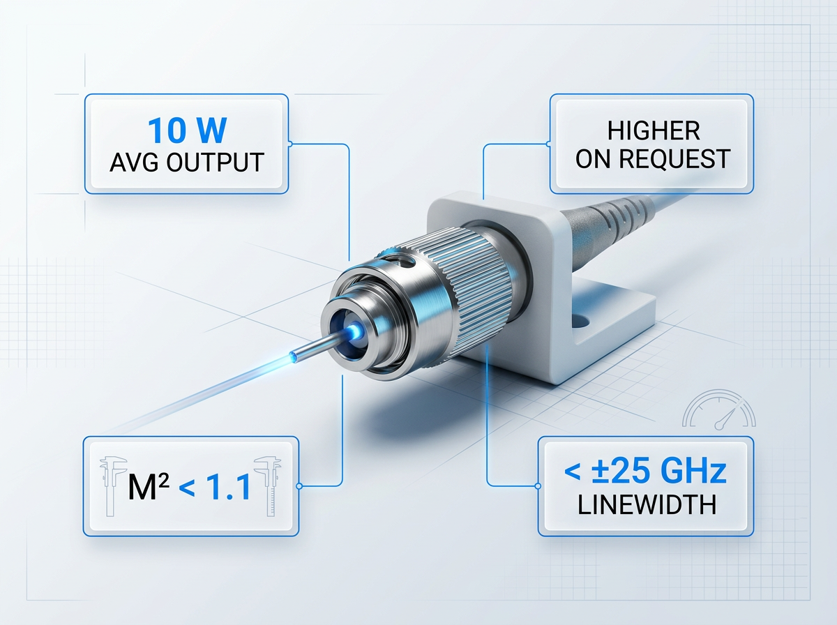Optical fibre amplifier output connector with FC/PC head and cable assembly, surrounded by four performance metric badges: 10 W average output, higher on request, M² less than 1.1, and less than ±25 GHz linewidth.