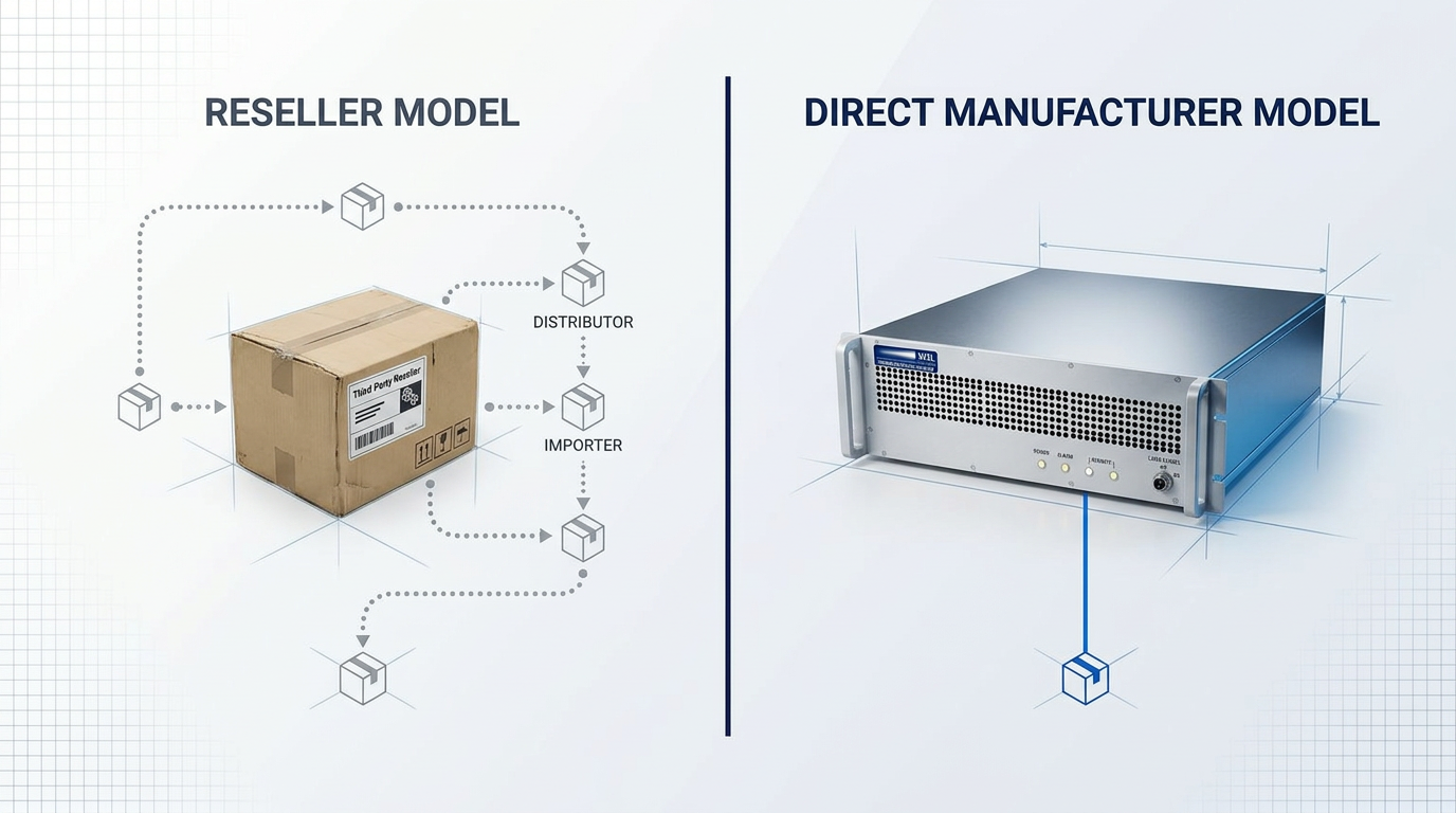 Split-screen supply chain comparison: left side shows generic reseller box with multiple grey intermediary nodes; right side shows photorealistic WSL EDFA unit connected directly to client via single electric blue line.