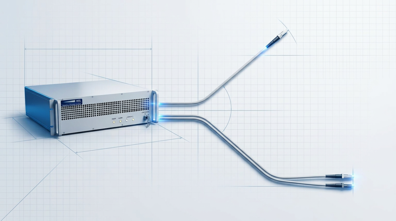EDFA amplifier unit with two optical fiber paths diverging from output: beacon-only path extending upward, bi-directional dual-fiber path extending downward, with electric blue glow at connection points.