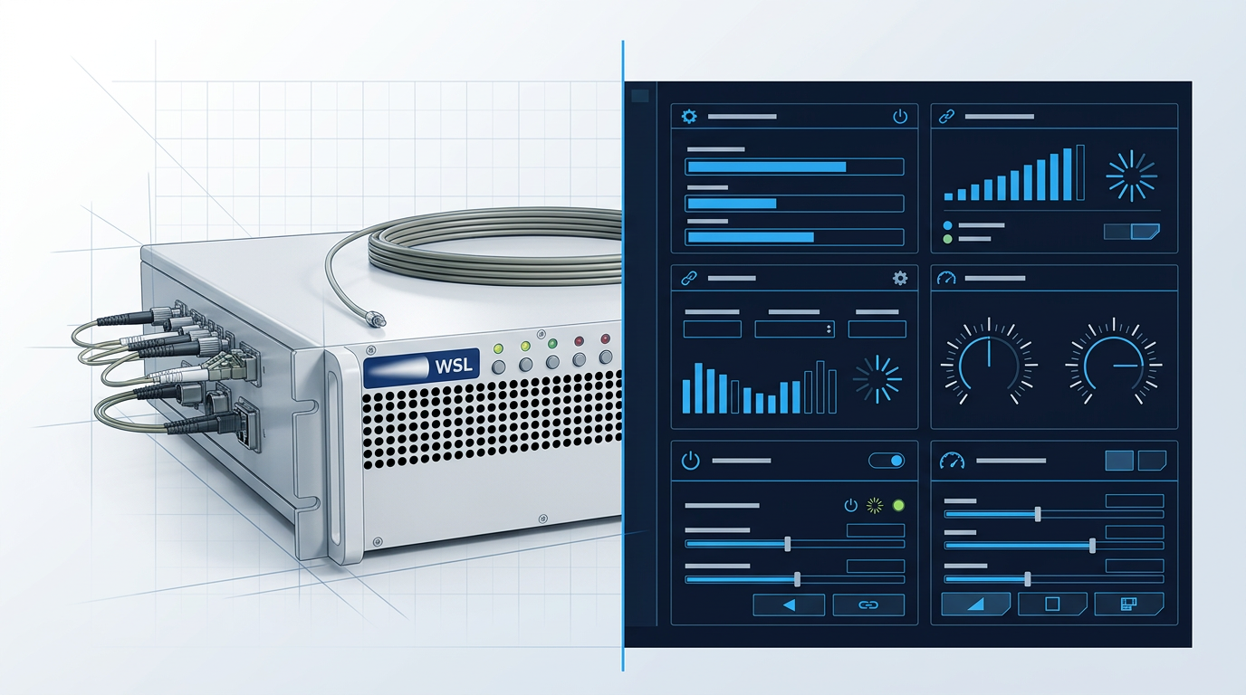 Split-view composition showing a rack-mounted EDFA amplifier unit on the left connected by a blue line to a software control interface panel on the right, representing integrated hardware-software configuration.