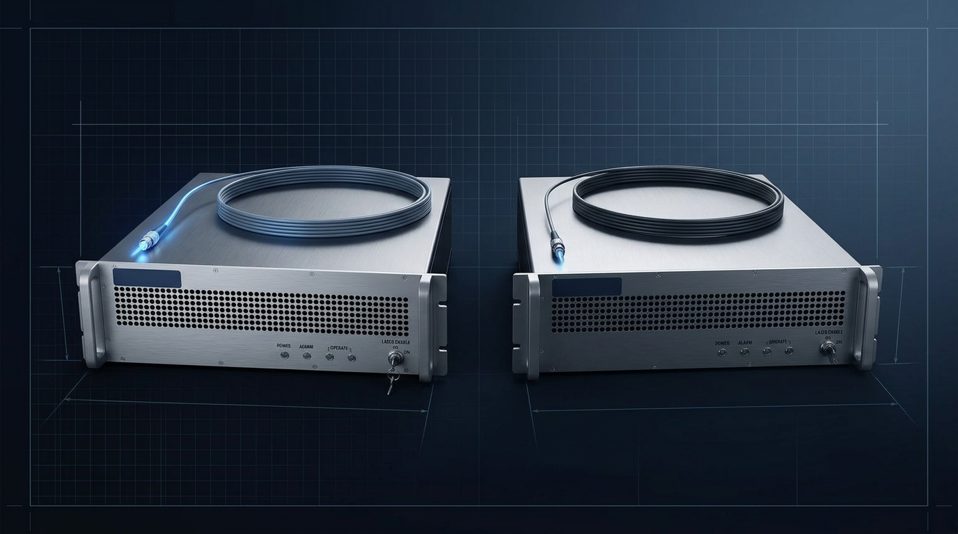 Two optical fibre amplifier modules positioned side by side on dark technical background, left module labeled C-band and right module labeled L-band, both featuring fiber connectors with electric blue glow indicating active laser transmission.