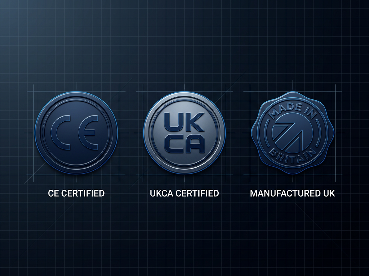 Three certification badges arranged horizontally: CE mark, UKCA mark, and Made in Britain shield, each rendered as embossed seals with electric blue border glows on a dark navy background.