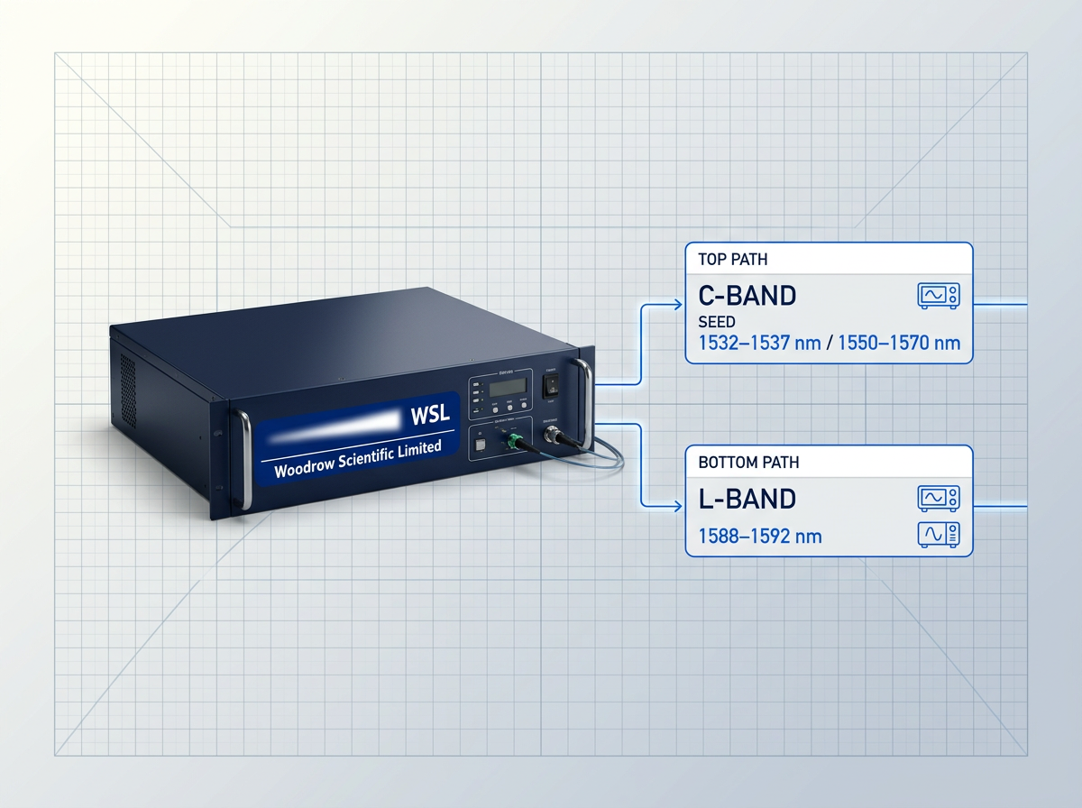 EDFA unit with C-band and L-band signal path schematics showing wavelength ranges 1532–1537 nm / 1550–1570 nm for C-band and 1588–1592 nm for L-band