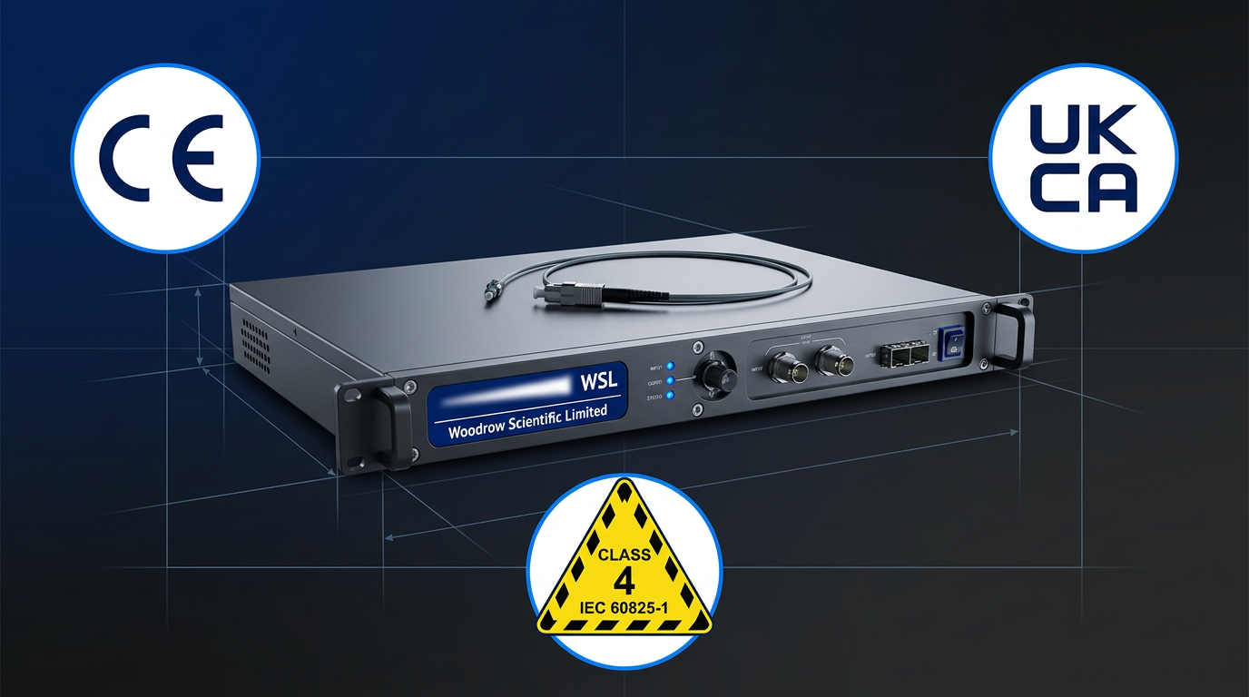 Rack-mounted EDFA unit with three compliance badges: CE mark and UKCA mark positioned above, Class 4 IEC 60825-1 laser safety badge below, all on dark technical background.