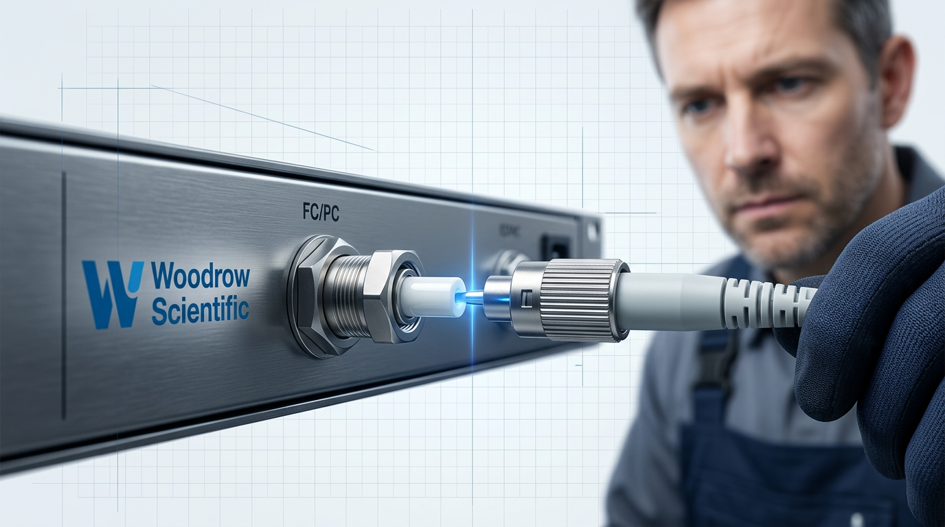 Close-up of FC/PC optical connector port on rack-mounted EDFA amplifier with fibre transmitter cable being connected, showing polished ferrule and metallic coupling detail under precision industrial lighting.