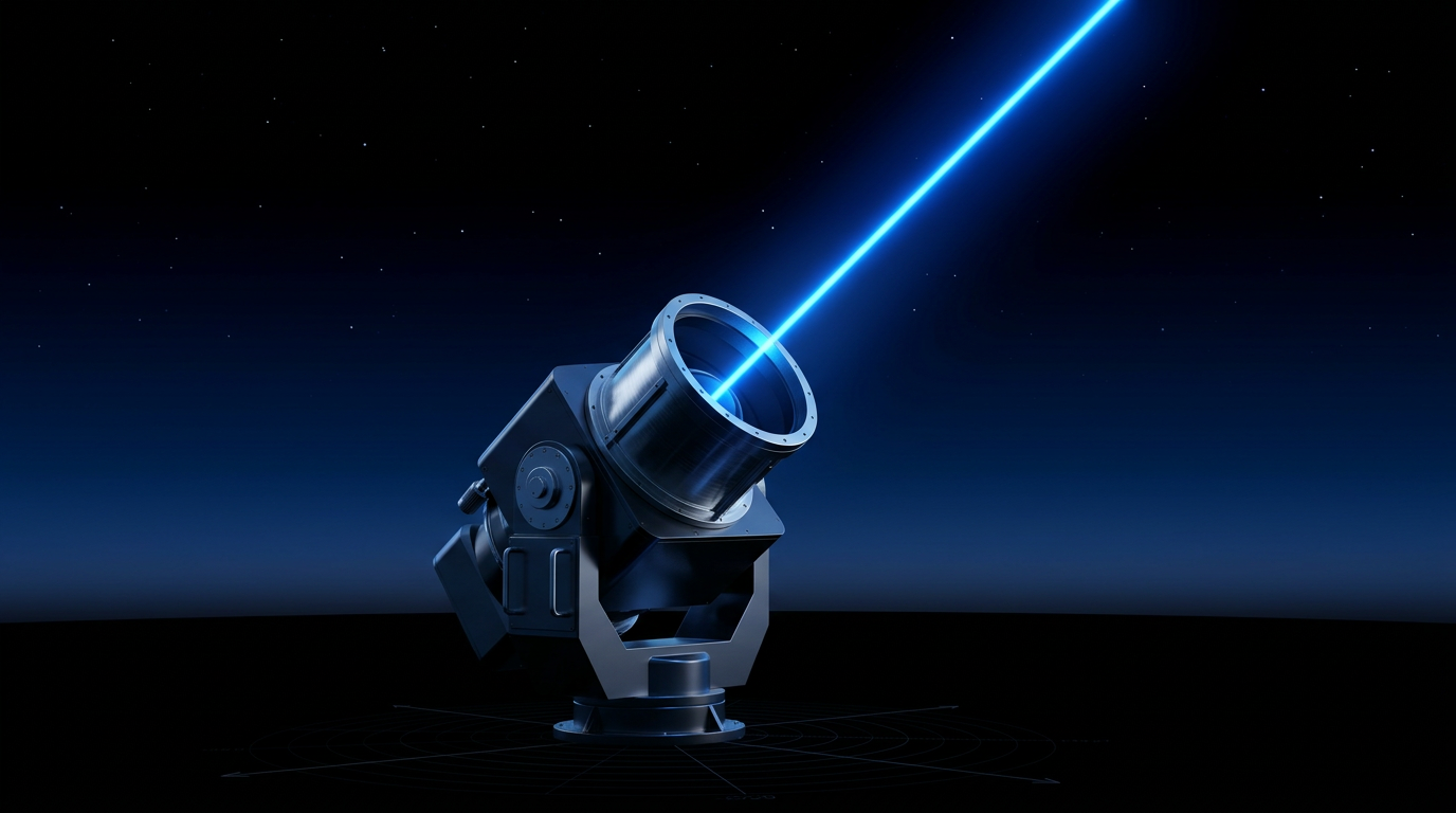 Large optical terminal aperture mounted on ground pedestal pointing skyward at night, with intense electric blue laser beam extending upward into dark sky with scattered stars.