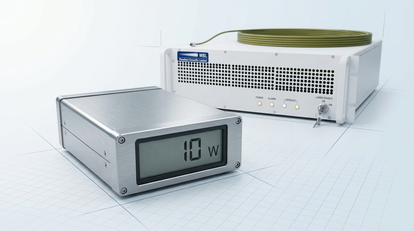 High-precision optical power meter displaying 10 W output reading, with Woodrow Scientific EDFA unit visible in background, both positioned in bright technical workspace with cool lighting.