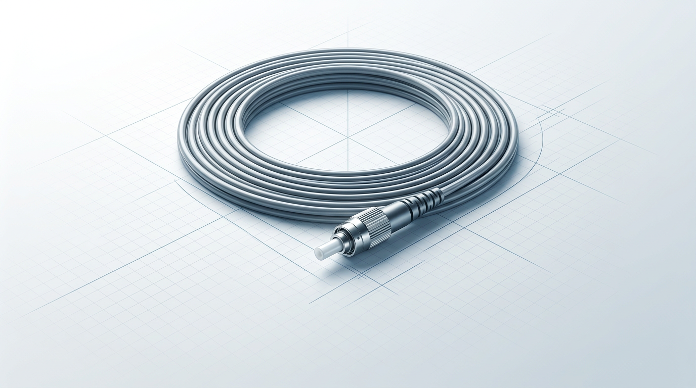 Coiled optical fibre cable with FC/PC connector laid flat against a light technical background, showing the 10-meter standard delivery configuration for EDFA optical systems.