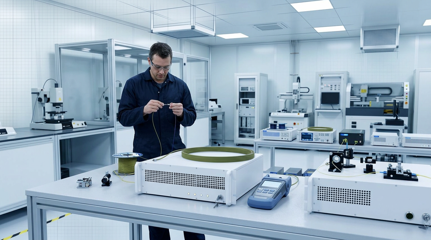 University photonics research laboratory with optical benches, fibre spools, precision instruments, and an engineer in navy coveralls examining fibre connections under bright, even laboratory lighting.