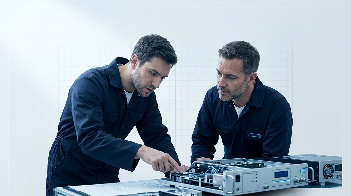 Two engineers in dark navy coveralls lean over a precision-engineered EDFA amplifier unit in a bright industrial workspace, one pointing to an internal component while the other observes intently.