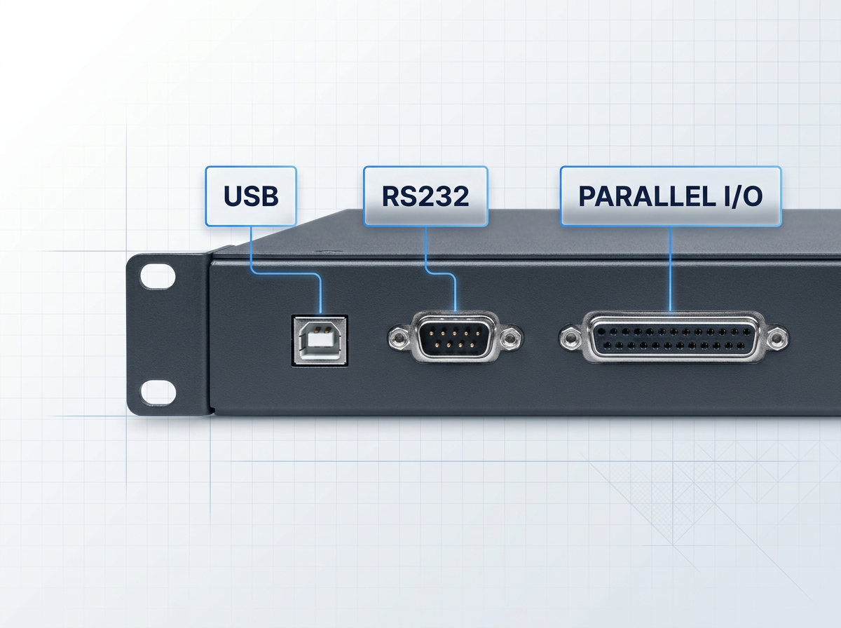 Rear panel of rack-mounted EDFA amplifier showing three control interface connectors: USB Type-B, RS232 D-sub, and Parallel I/O, each labeled with corresponding badge overlay.