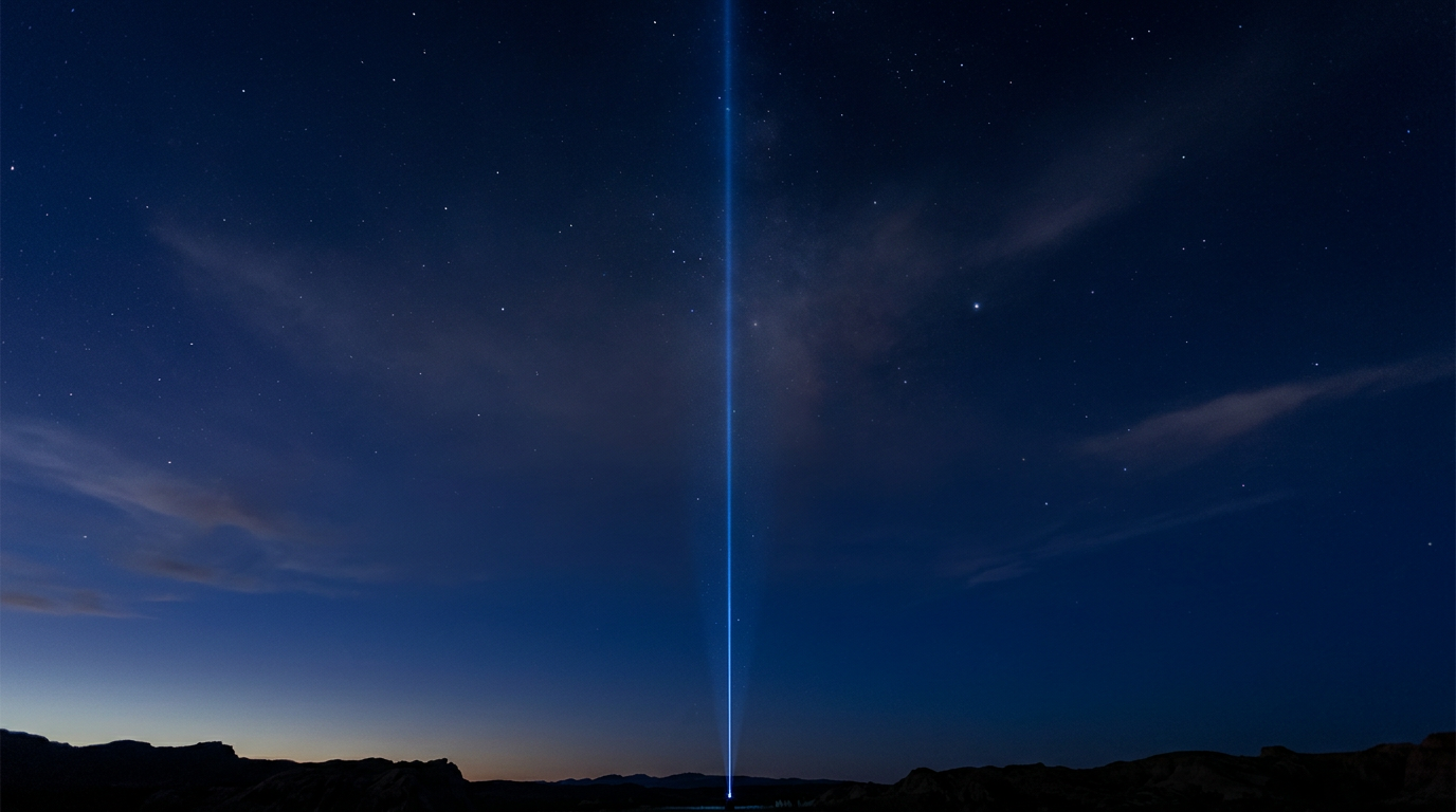 Night sky gradient from indigo to navy with star field, electric blue laser beam extending vertically from center-bottom toward stars, atmospheric haze and silhouetted terrain at horizon.