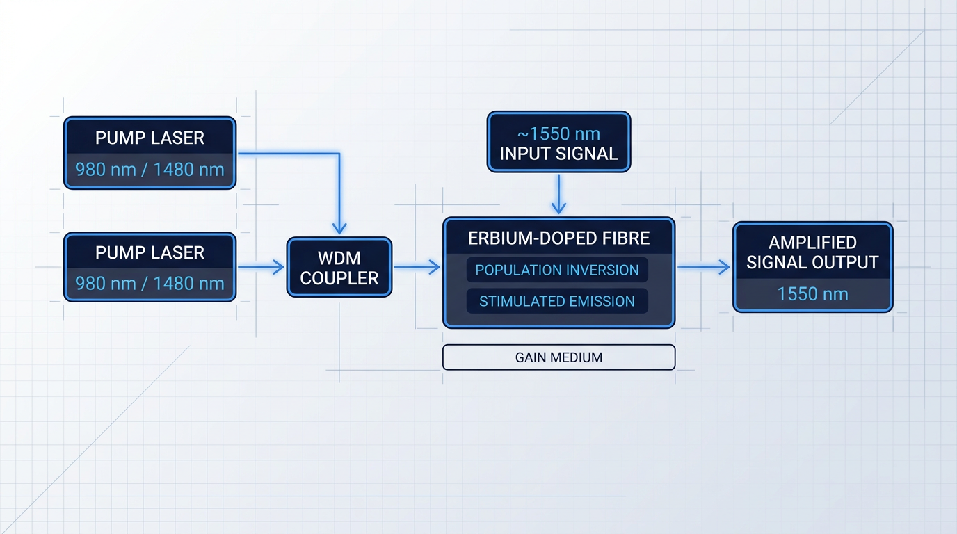 EDFA operating principle flow diagram showing pump laser at 980/1480 nm, WDM coupler combining pump and input signal, erbium-doped fiber with population inversion and stimulated emission, and amplified 1550 nm output signal.