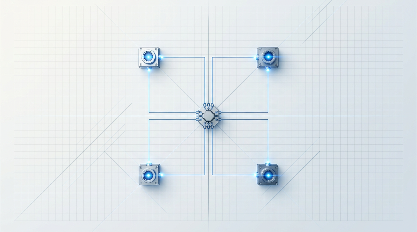 Overhead schematic of four-emitter satellite ground station array with central controller, electric blue synchronisation lines connecting each emitter to the hub, representing multi-emitter diversity configuration.