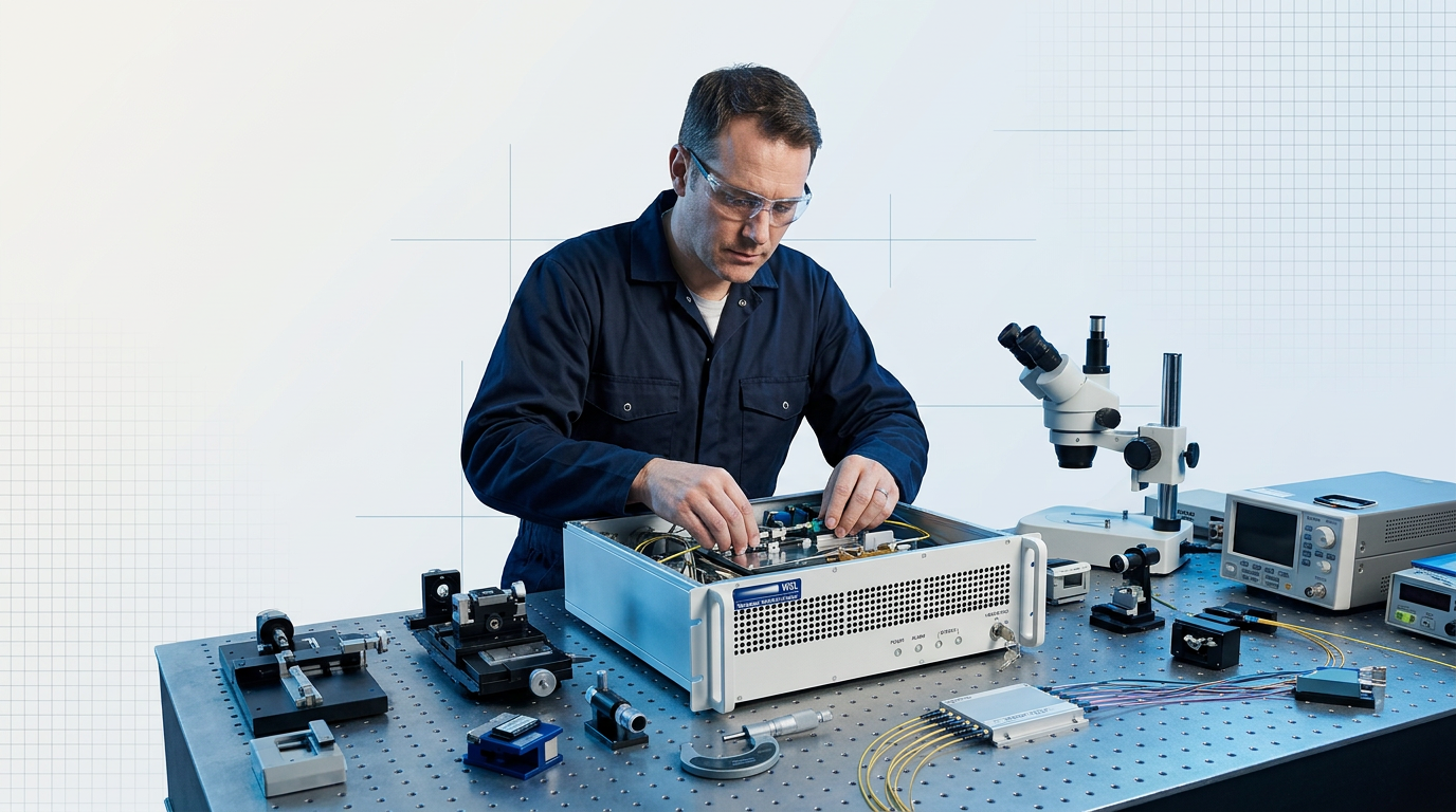 Engineer in navy coveralls assembling a Woodrow Scientific EDFA module at a bright optical workbench, surrounded by precision measurement instruments and fibre delivery cables.