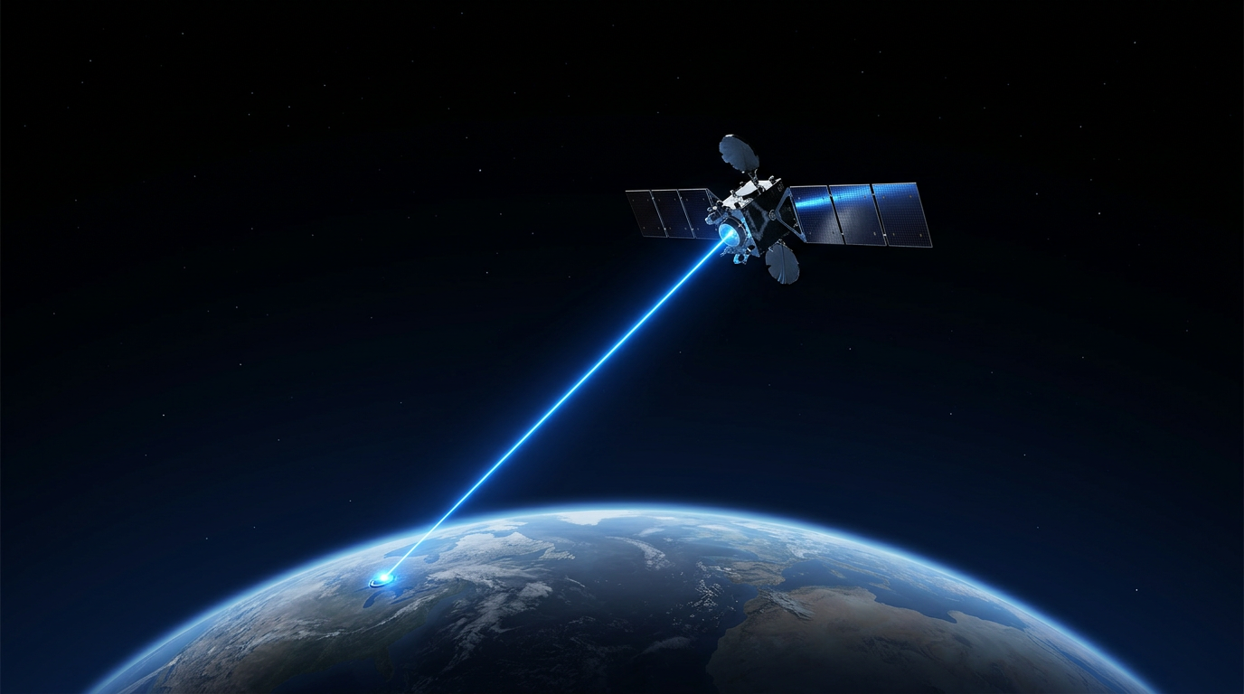 Satellite in low Earth orbit emitting electric blue laser beam toward Earth's curvature below, with solar panels and mechanical detail visible against deep space and scattered stars.